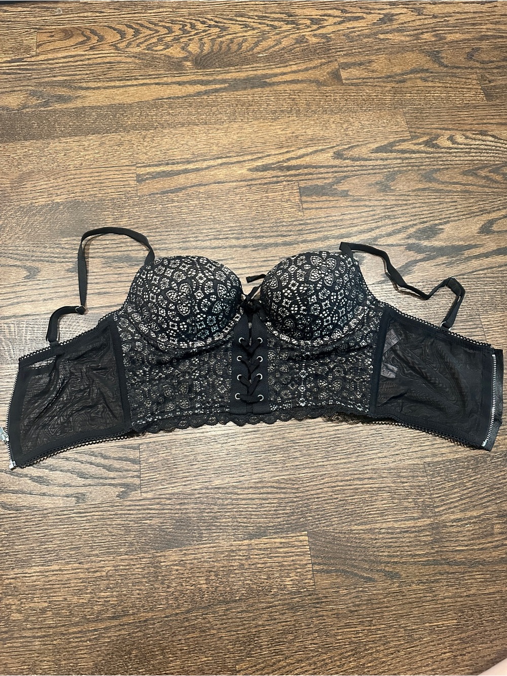 Victoria's Secret Black Lace Longline Corset Bra with Front Lacing